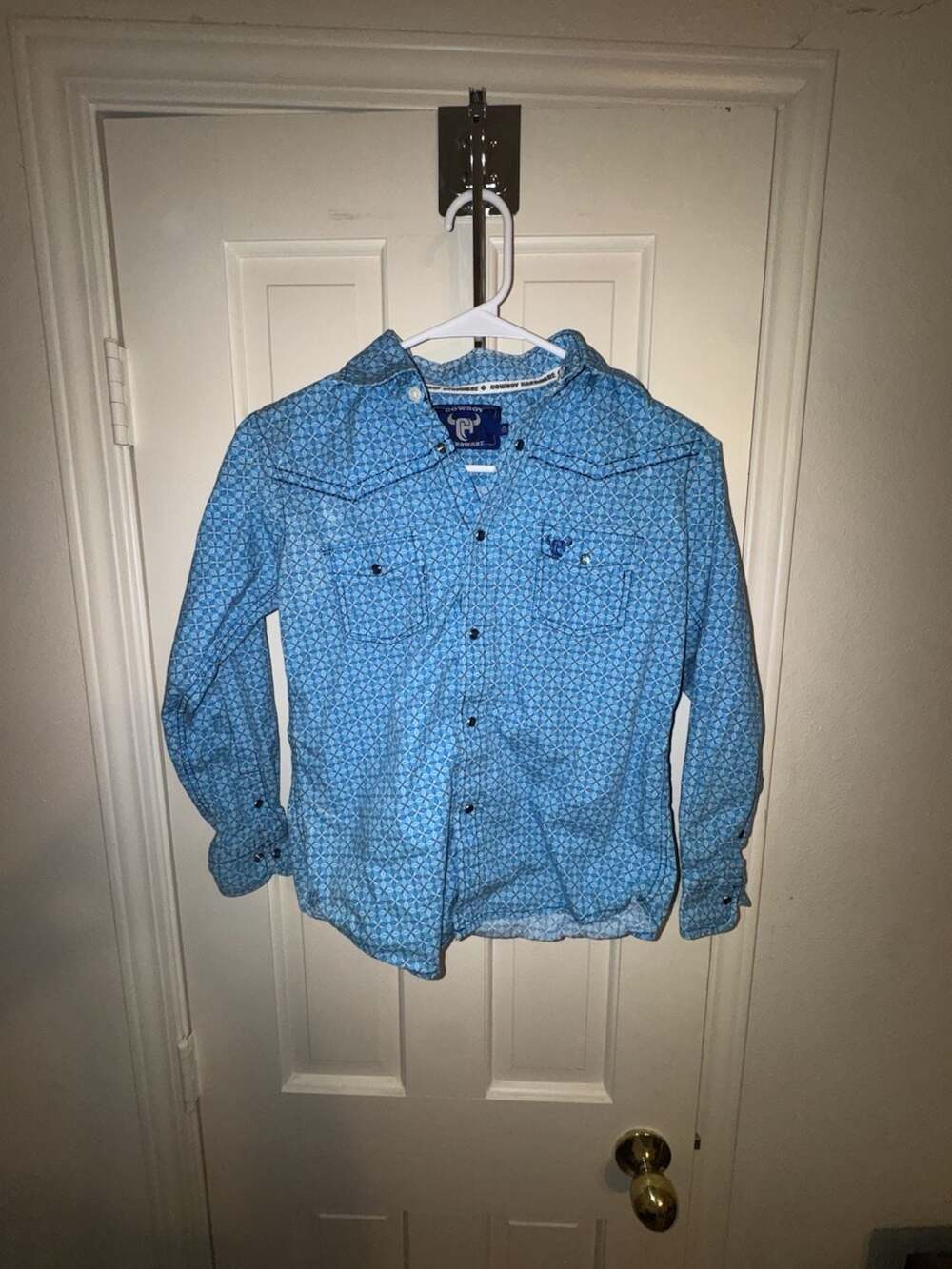 Cowboy Hardware Boy's Blue Geometric Print Snap-Front Western Shirt Size M 7/8
